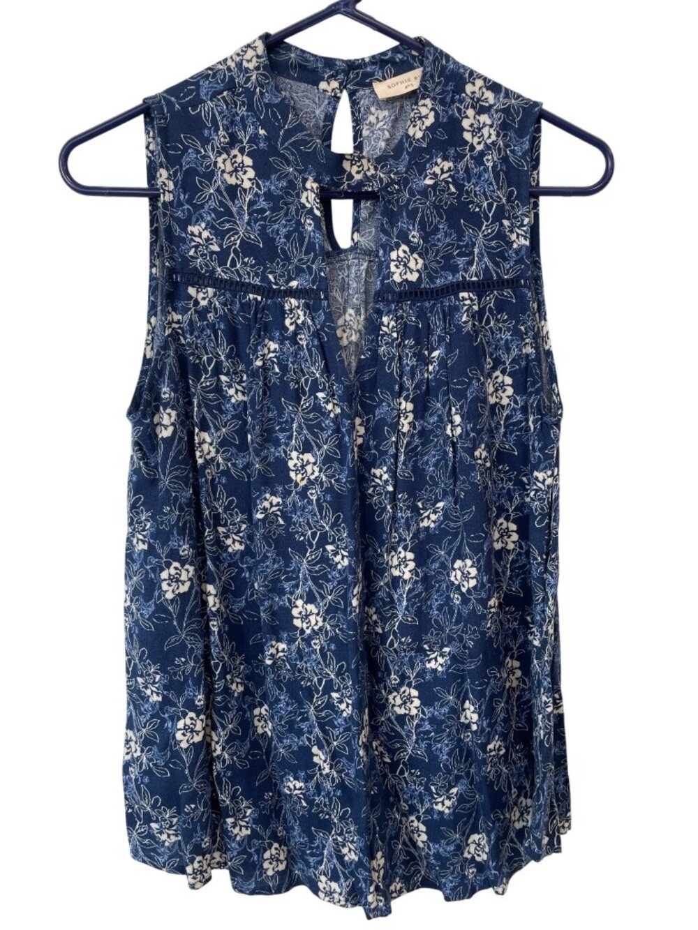 Sophie Rue Top Small Floral Sleeveless Keyhole Back Blue White Cottagecore